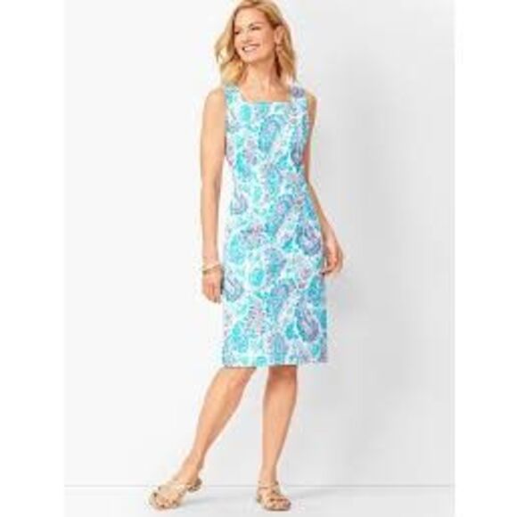 Talbots Plus Size 18W Fresco Paisley Sheath Dress Aqua Bright Squareneck Coastal - Picture 1 of 15